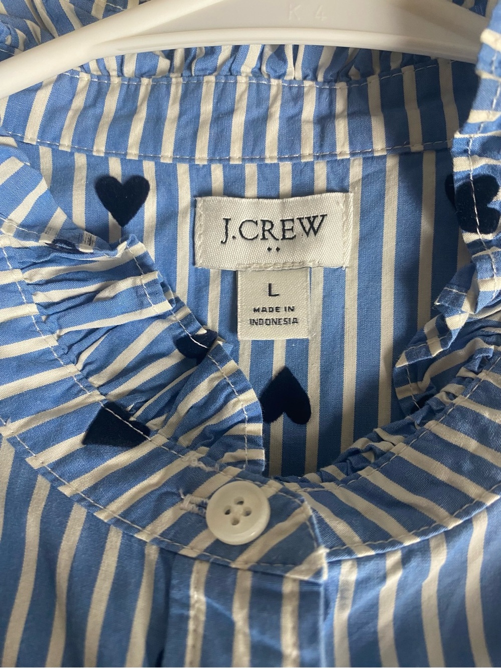 J. Crew Ruffle-Neck Long Sleeve Button Down Top with Stripes & Hearts Size L - Picture 7 of 9